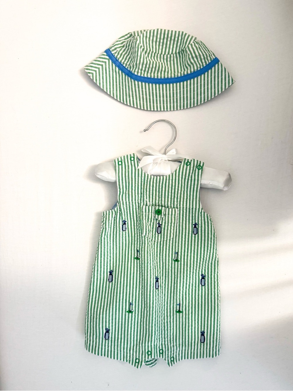 Green + White Striped Baby Romper with Matching Hat